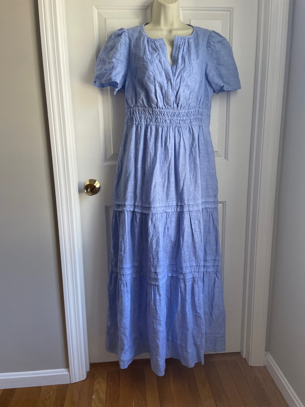 Quince Dress size S 100% European Linen Tiered Maxi Dress NWT Blue Short Sleeves